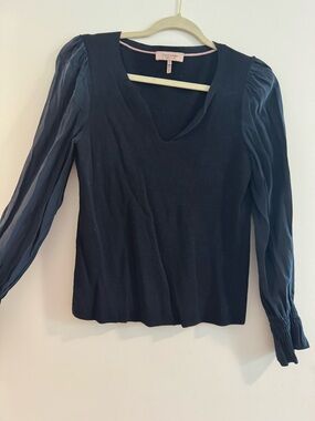 Rebecca Taylor Navy V-Neck Long Sleeve Top with Silky Puff Sleeves